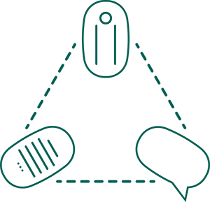 Green graphics representing a person, writing and speech arranged in a triangle, joined by dotted lines.