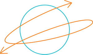 A blue circle with a loopy, double-ended, red arrow over it