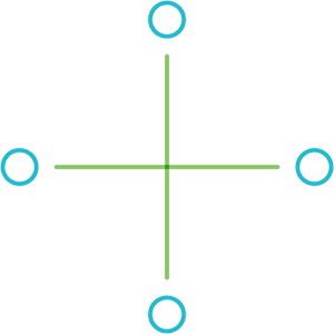 A green plus symbol with little blue circles at each tip
