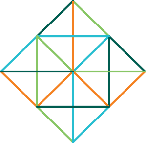 A series of red, orange, green and blue lines making of a square subdivided into triangles