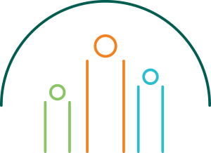 Orange, green and blue line-drawings representing people with a red arc above the three of them