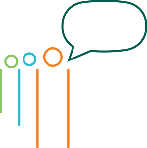 Orange, blue and green lines and circles representing three people in line, with a dark green speech bubble coming from the first