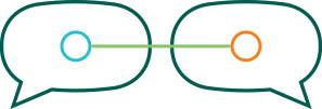 Two dark green speech bubbles with a blue and orange circle at their respective centers, and a green line connecting the circles