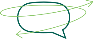 A dark green speech bubble with a light green, double-ended arrow wrapping around it