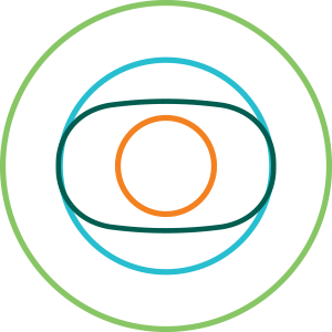 A series of concentric circles, with a light green one on the outside, then a blue one, and finally an orange one in the middle. The middle circle is surrounded be a horizontally-oriented, dark green ellipse and touches the blue circle on the sides