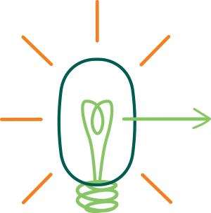 A green and orange graphical representation of a shining light bulb, with a green arrow as one of the light-shine vectors