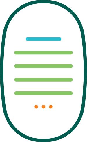 A dark green, vertically-oriented ellipse with blue and green lines and a series of three orange dots inside, made to look like writing